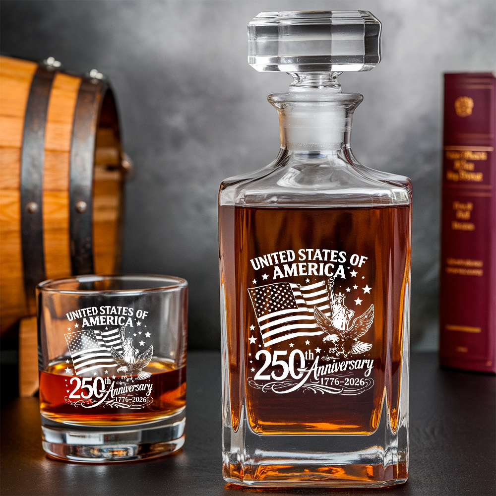 America 250th Anniversary Engraved Whiskey Decanter Set, Patriotic July 4 Gift THUC99