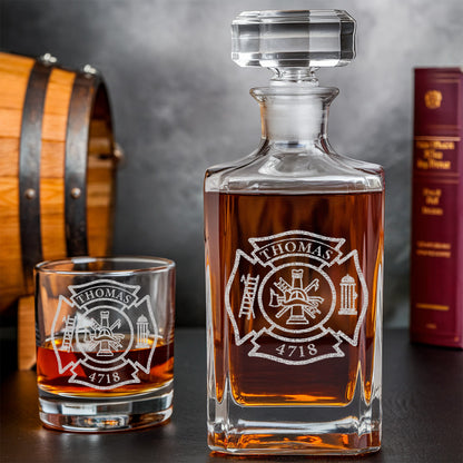 Personalized Firefighter Decanter Set – Custom Fire Dept Name & Number Engraved Whiskey Gift