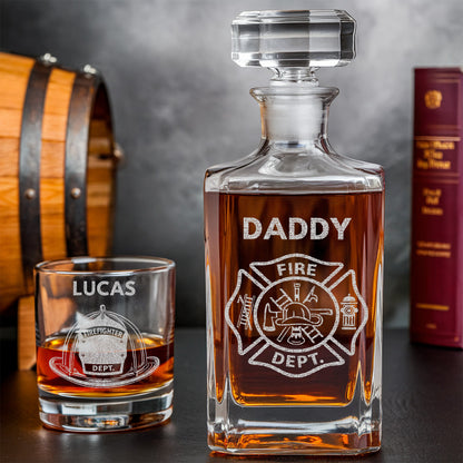 Firefighter Dad Whiskey Decanter Set, Personalized Name Glass Gift for Dad