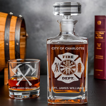 Custom Fire Department Whiskey Decanter Set, Engraved Name Firefighter Gift