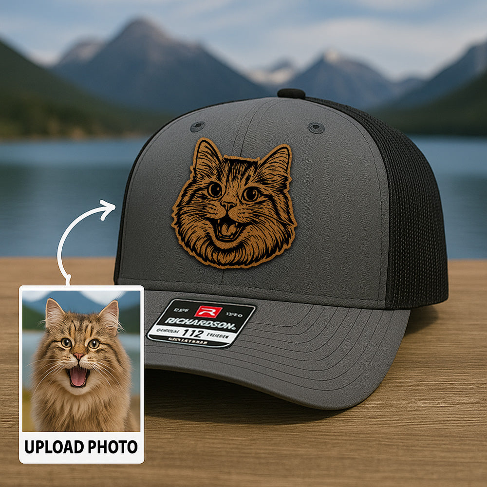 Custom Pet Photo Trucker Hat – Personalized Leather Patch Hat – Cat Portrait Gift – Custom Pet Face Hat P99A14