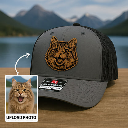 Custom Pet Photo Trucker Hat – Personalized Leather Patch Hat – Cat Portrait Gift – Custom Pet Face Hat P99A14