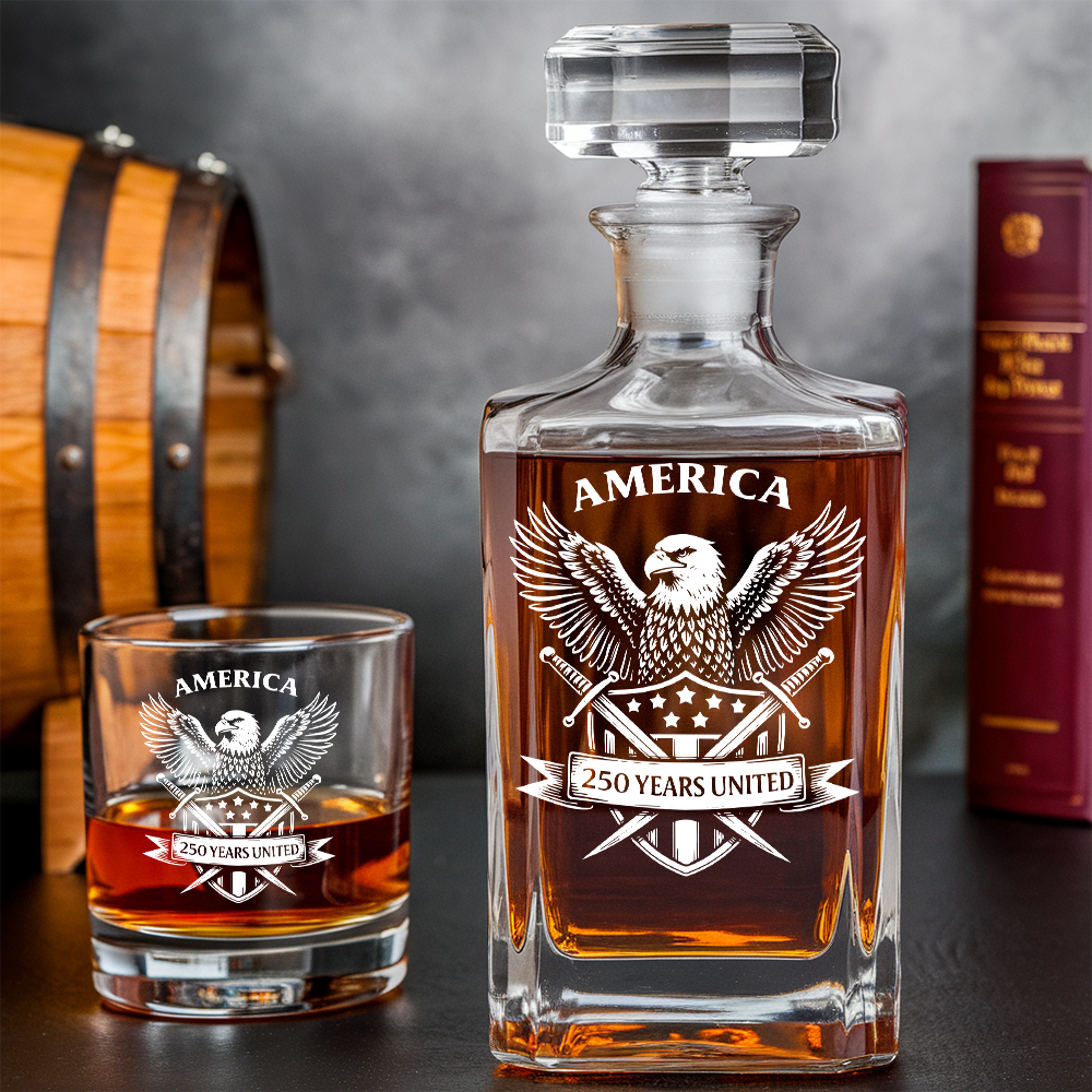 America 250 Years United Engraved Whiskey Decanter Set, Patriotic Eagle Bourbon Gift 1776–2026 THUC99