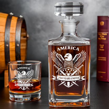 America 250 Years United Engraved Whiskey Decanter Set, Patriotic Eagle Bourbon Gift 1776–2026 THUC99