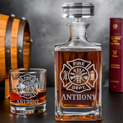 Personalized Firefighter Decanter Set – Custom Name Whiskey Bottle & Glasses Gift