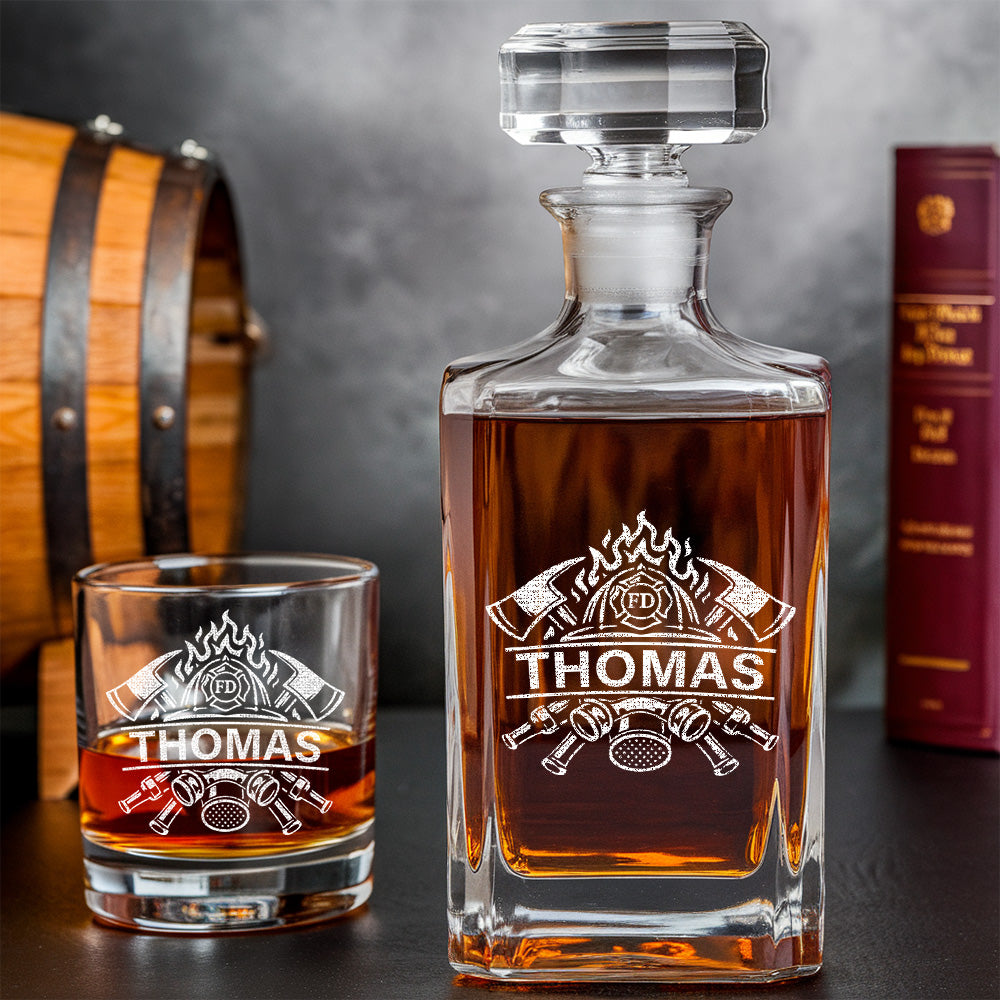 Engraved Firefighter Whiskey Set, Custom Name Decanter & Glass Gift for Heroes