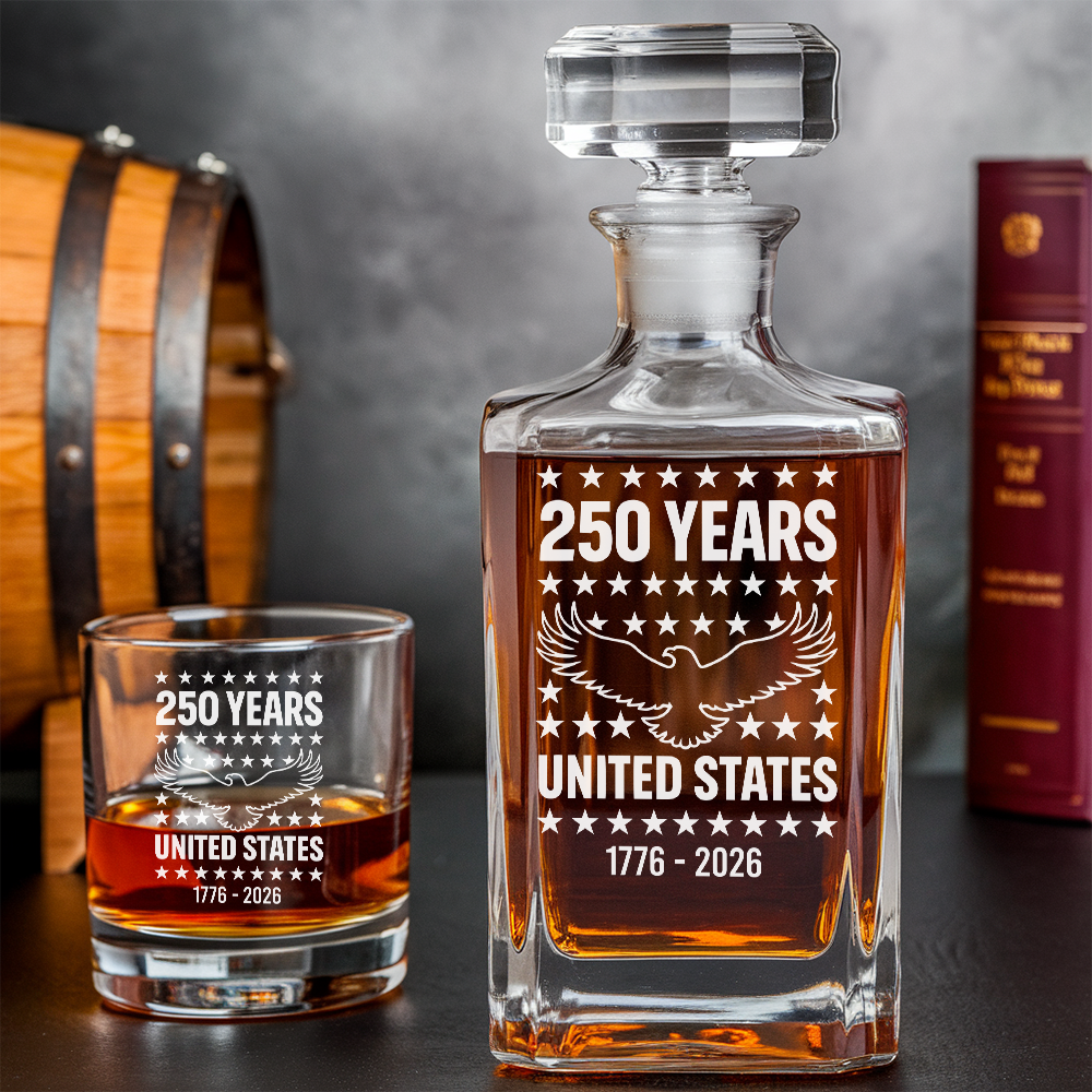 Eagle USA 250th Anniversary Engraved Whiskey Decanter Set, Personalized Patriotic Bourbon Gift THUC99