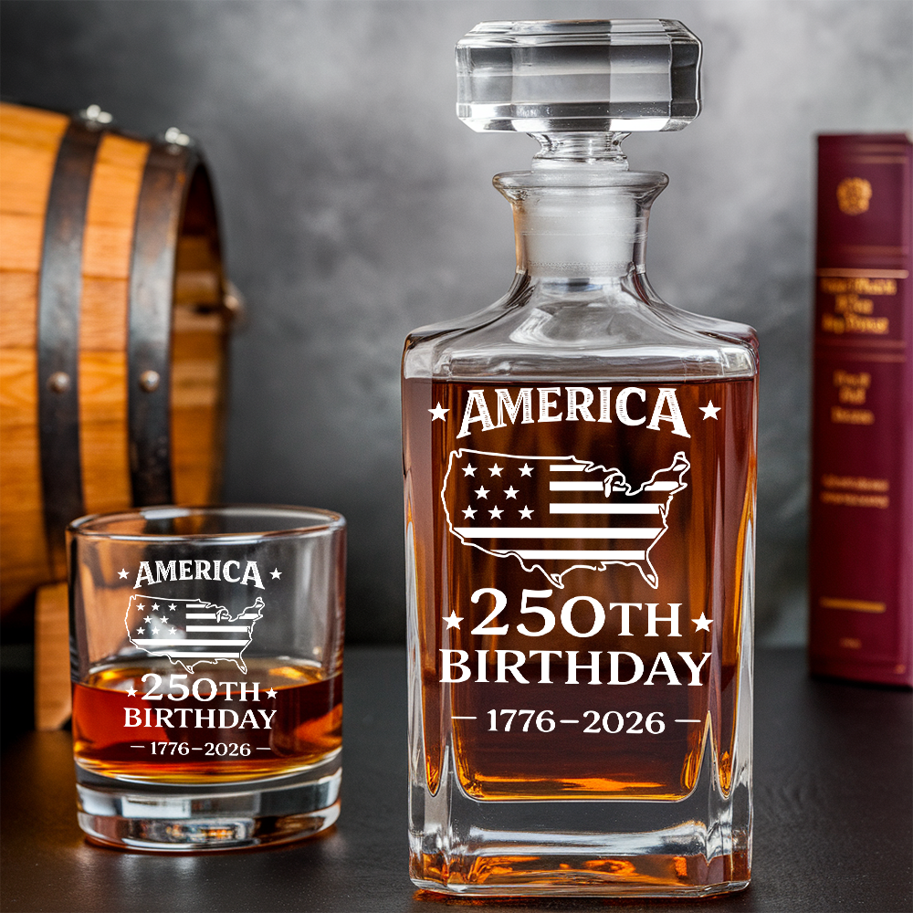 America 250th Birthday Engraved Whiskey Decanter Set, Patriotic USA Map Gift 1776–2026 THUC99
