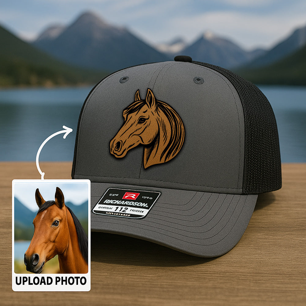 Custom Pet Photo Trucker Hat – Personalized Leather Patch Hat – Horse Portrait Gift – Custom Pet Face Hat P99A17