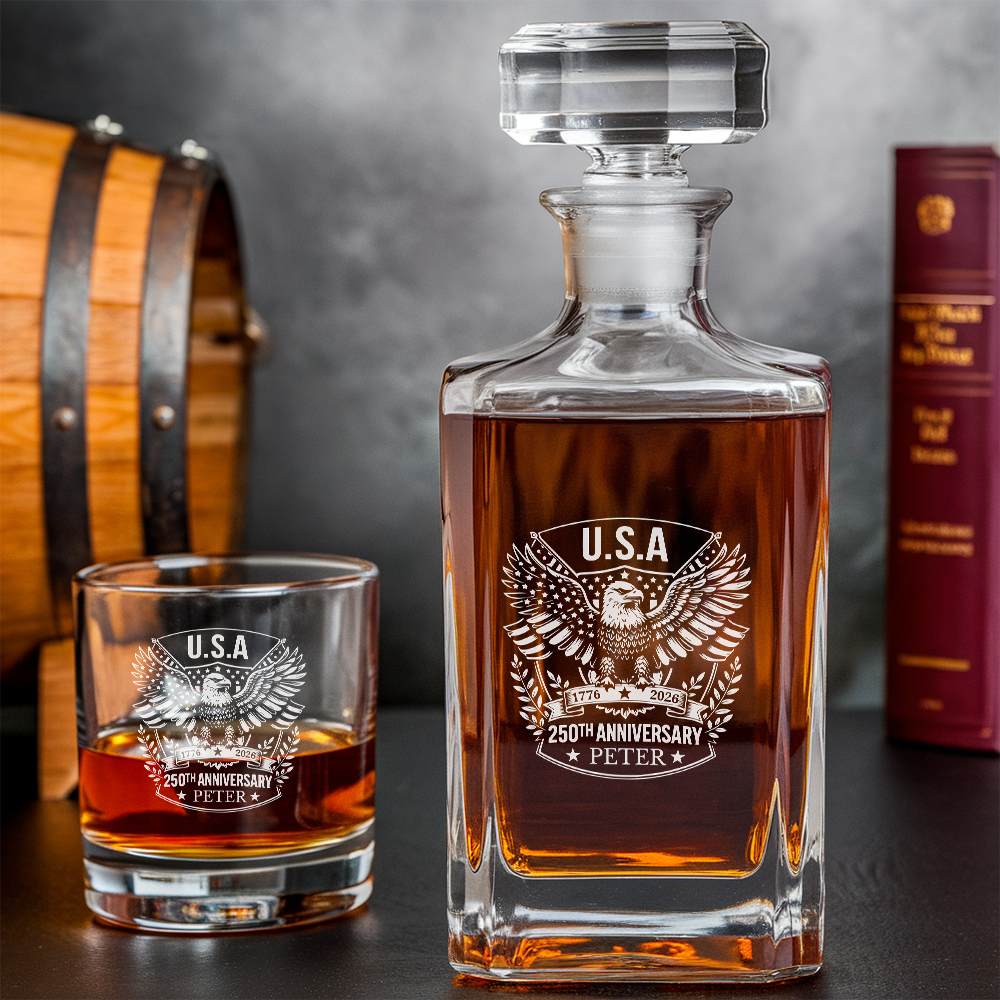 Custom Name Eagle USA 250th Anniversary Engraved Whiskey Decanter Set, Patriotic Bourbon Gift THUC99
