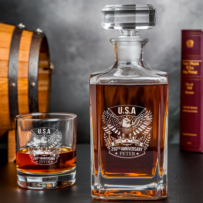 Custom Name Eagle USA 250th Anniversary Engraved Whiskey Decanter Set, Patriotic Bourbon Gift THUC99