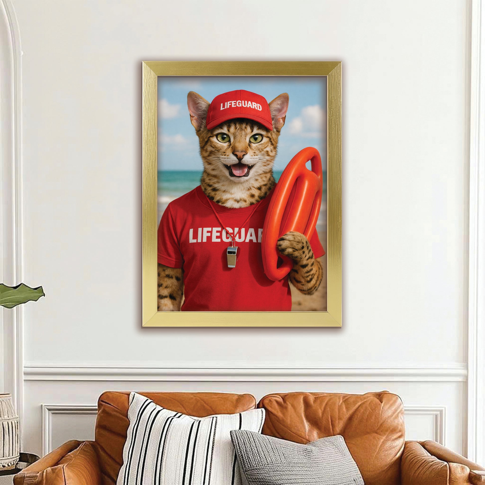 Custom Photo Lifeguard Cat Canvas Framed Wall Art Gift For Cat Lovers