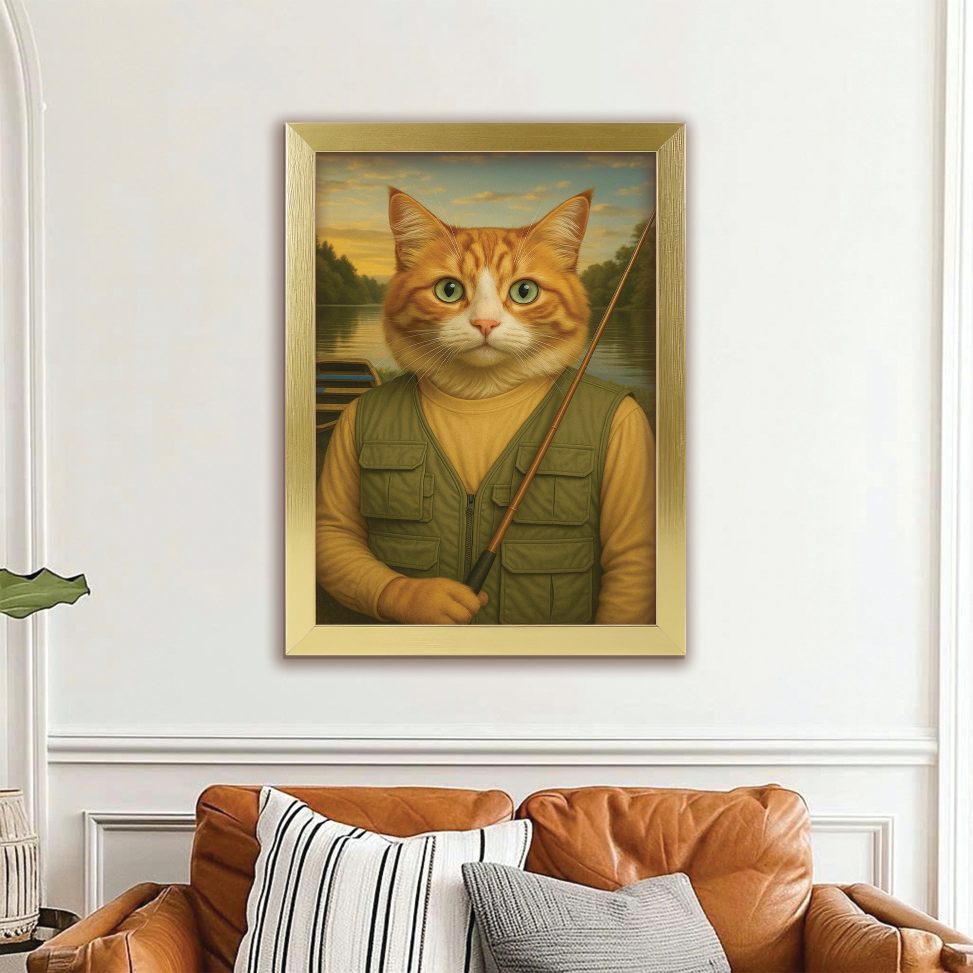 Custom Photo Fisherman Cat Canvas Framed Wall Art