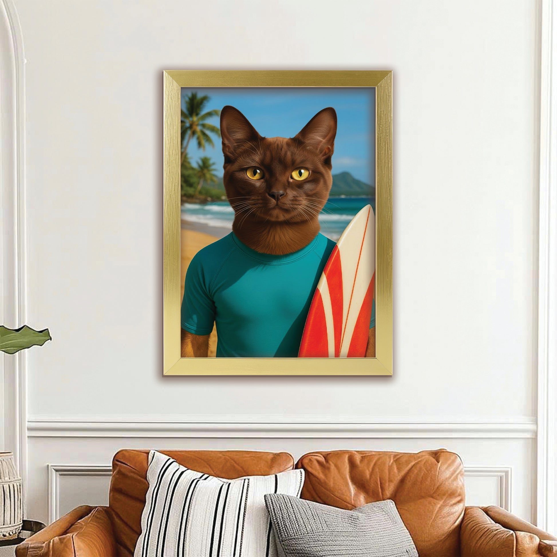 Custom Photo Surfer Beach Cat Canvas Framed Wall Art Gift For Cat Lovers