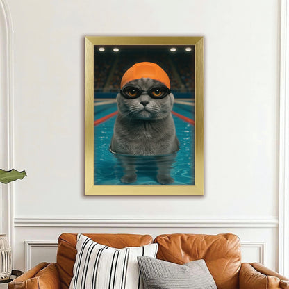 Custom Photo Swimmer  2 Cat Canvas Framed Wall Art Gift For Cat Lovers