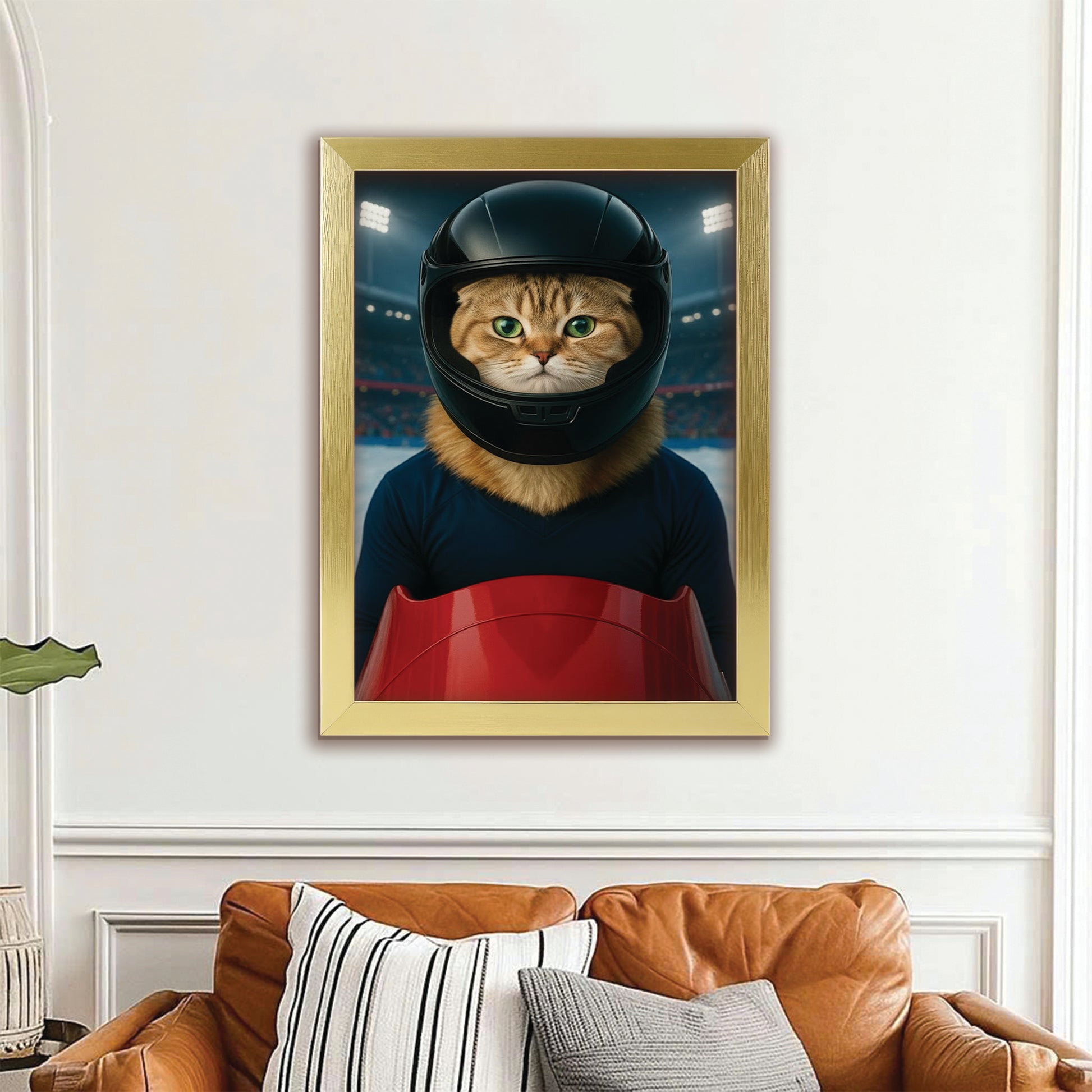 Custom Photo Bobsled Winter Race Cat Canvas Framed Wall Art Gift For Cat Lovers