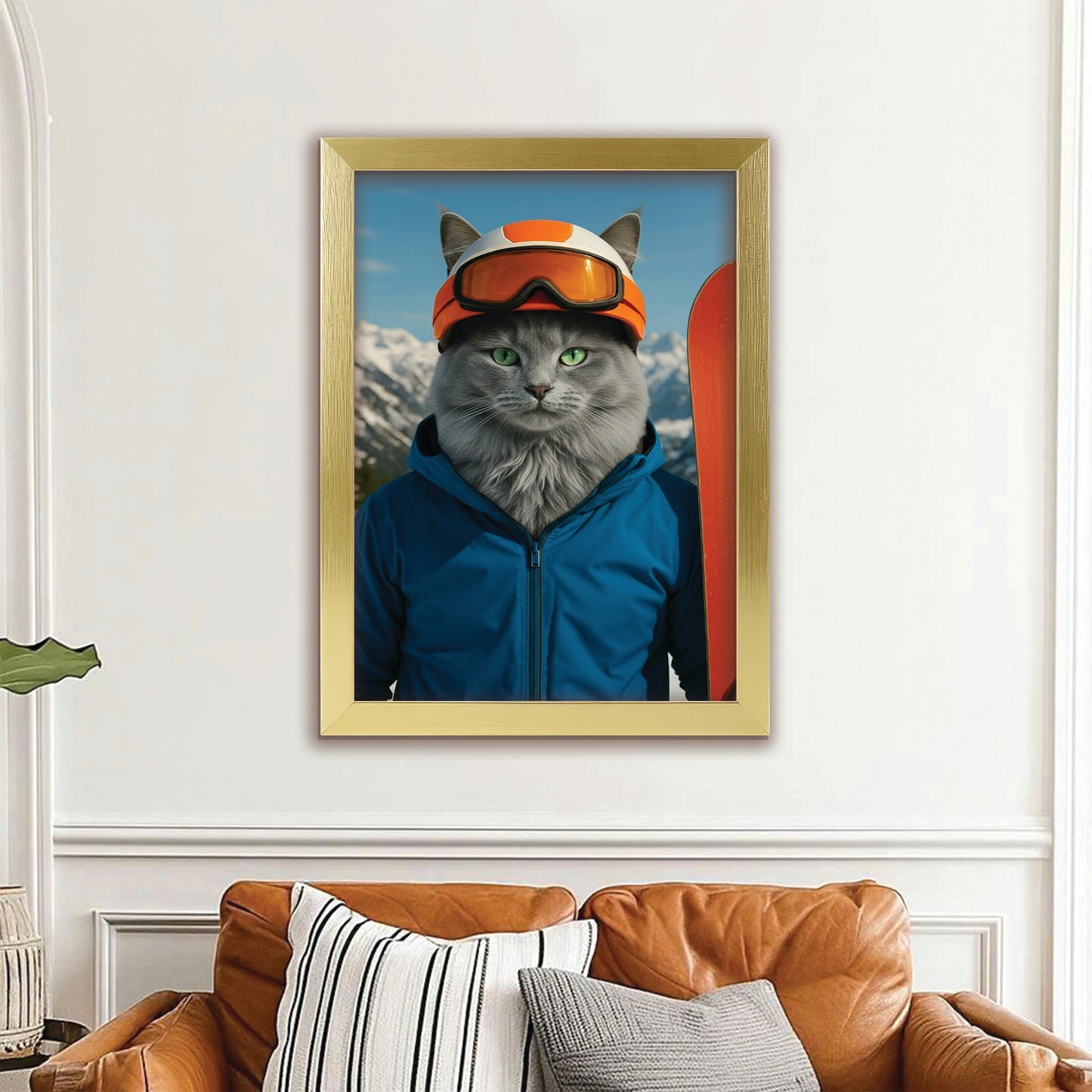 Custom Photo Snowboarder Cat Canvas Framed Wall Art Gift For Cat Lovers