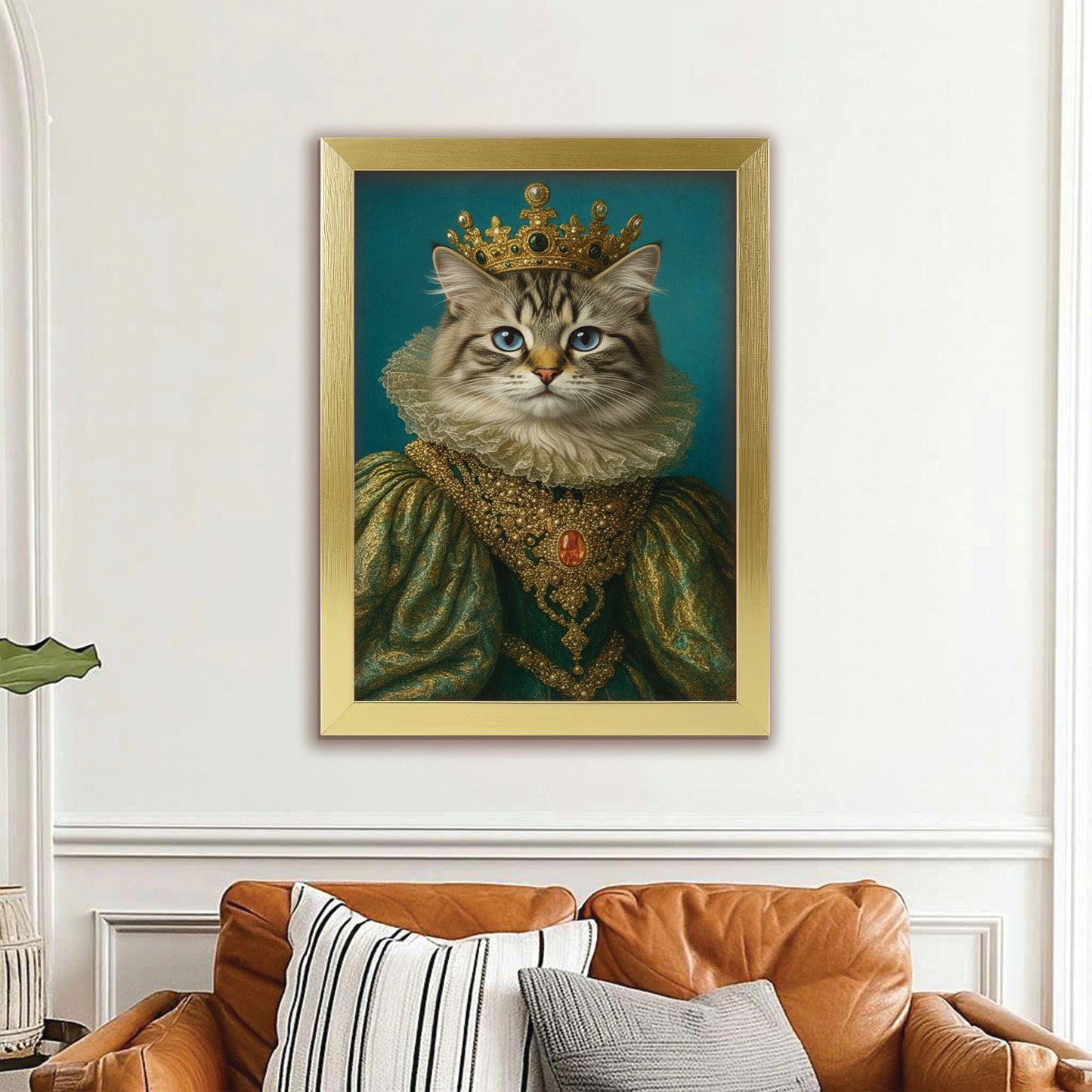 Custom Photo Potrait Royal Cat With Crown Canvas Framed Wall Art Gift For Cat Lovers