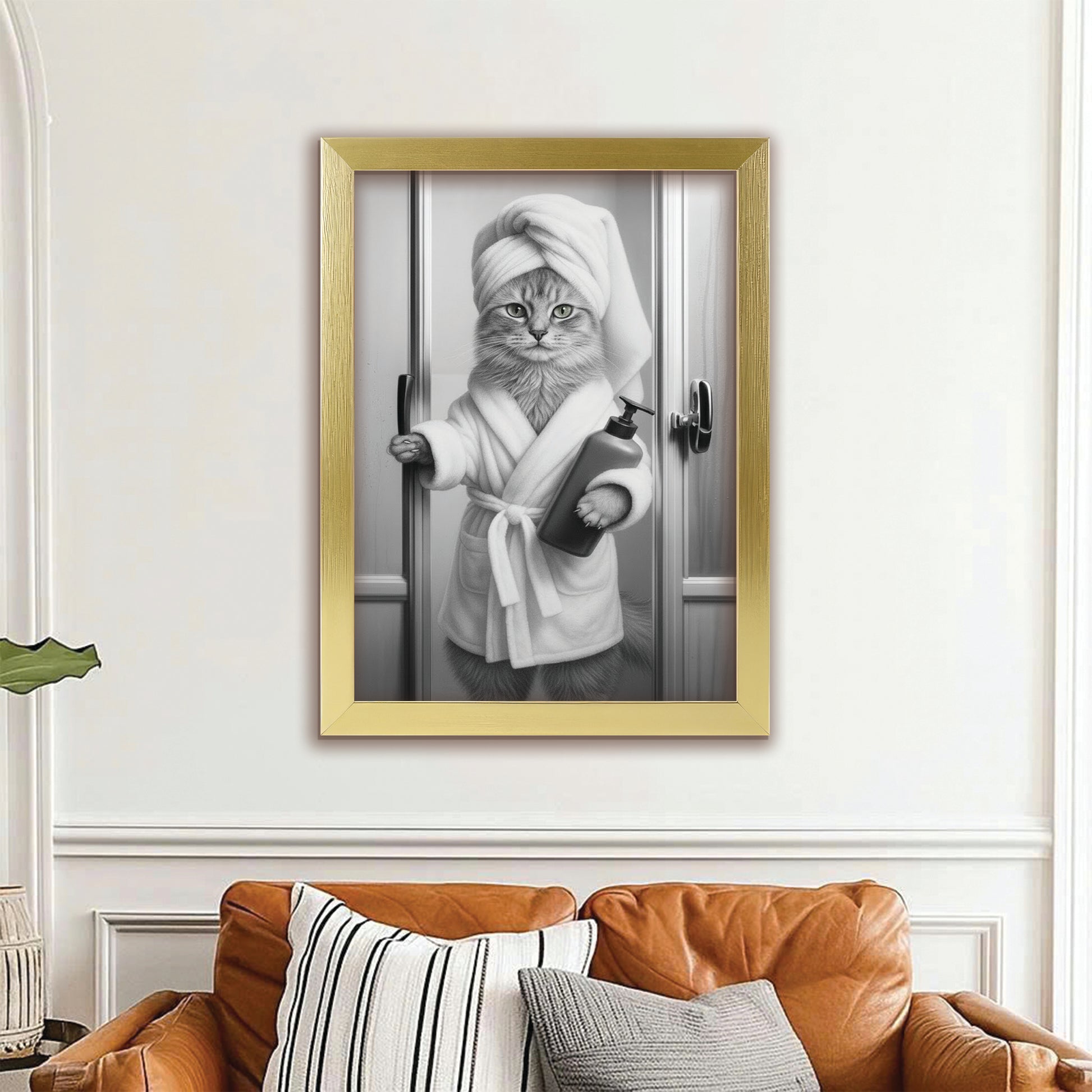 Custom Photo Cat Bathrobe Bathroom Canvas Framed Wall Art Gift For Cat Lovers