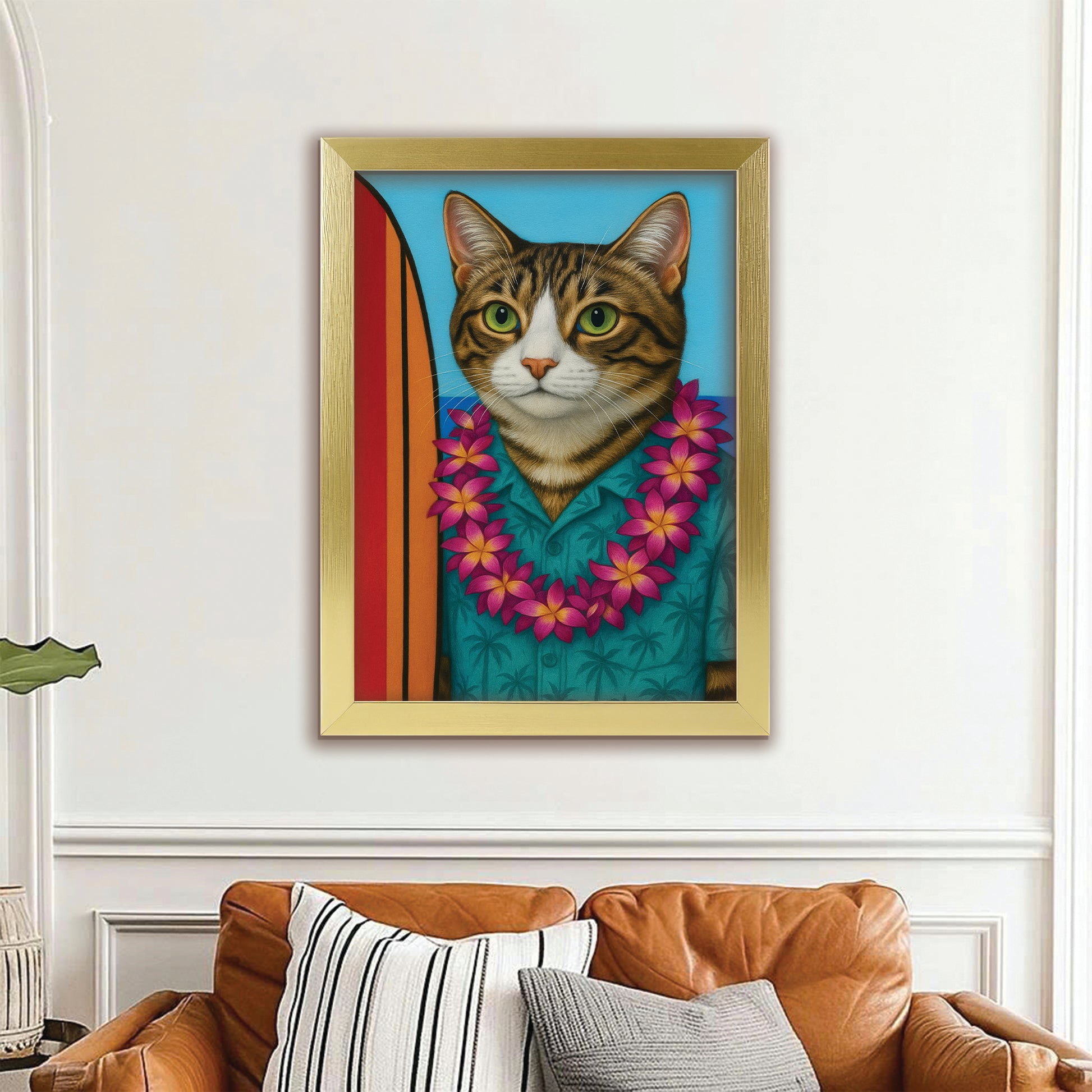 Custom Photo Surfer Cat Canvas Framed Wall Art Gift For Cat Lovers