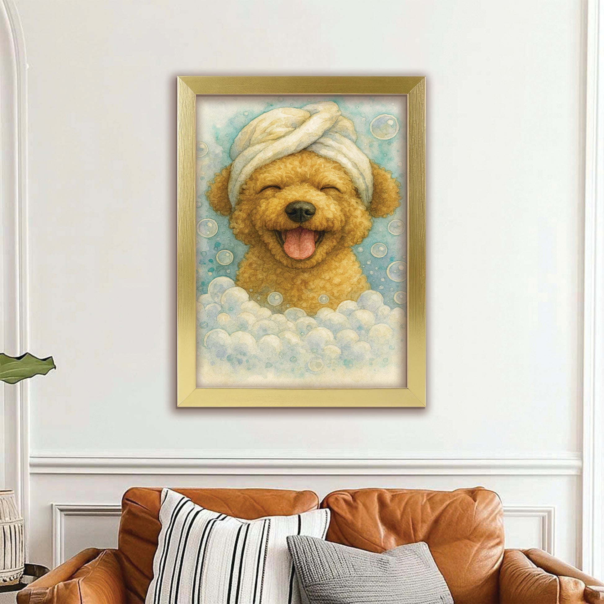 Custom Dog Potrait In Bathroom Canvas Framed Wall Art