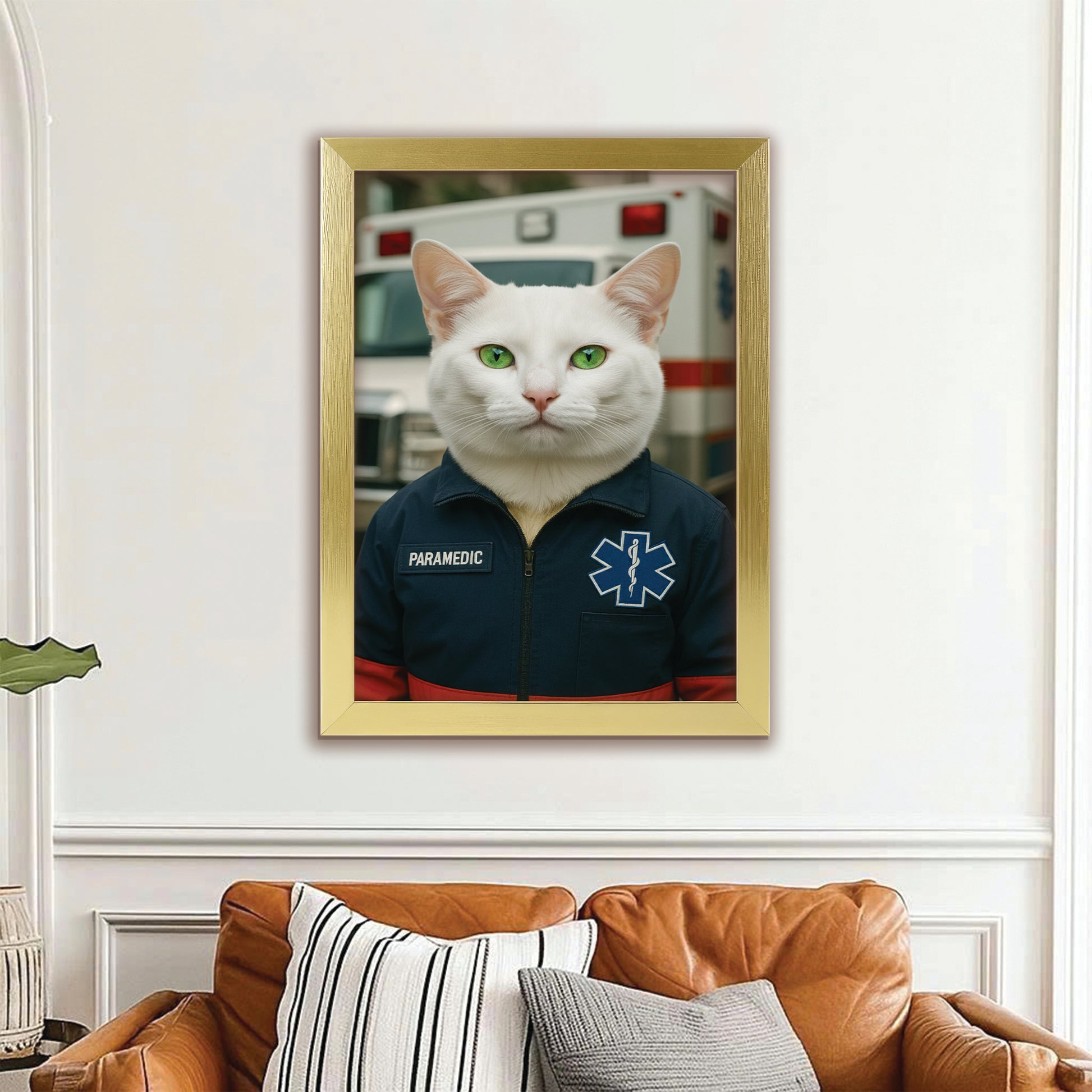 Custom Photo Paramedic Emt Cat Canvas Framed Wall Art Gift For Cat Lovers