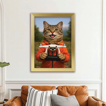 Custom Photo Drone Pilot Cat Canvas Framed Wall Art  Gift For Cat Lovers