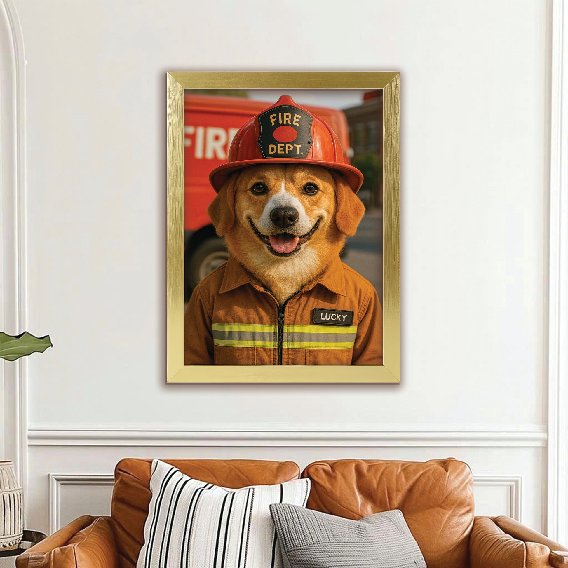 Custom Photo Fire Fighter Dog Canvas Framed Wall Art Gift For Dog Lovers