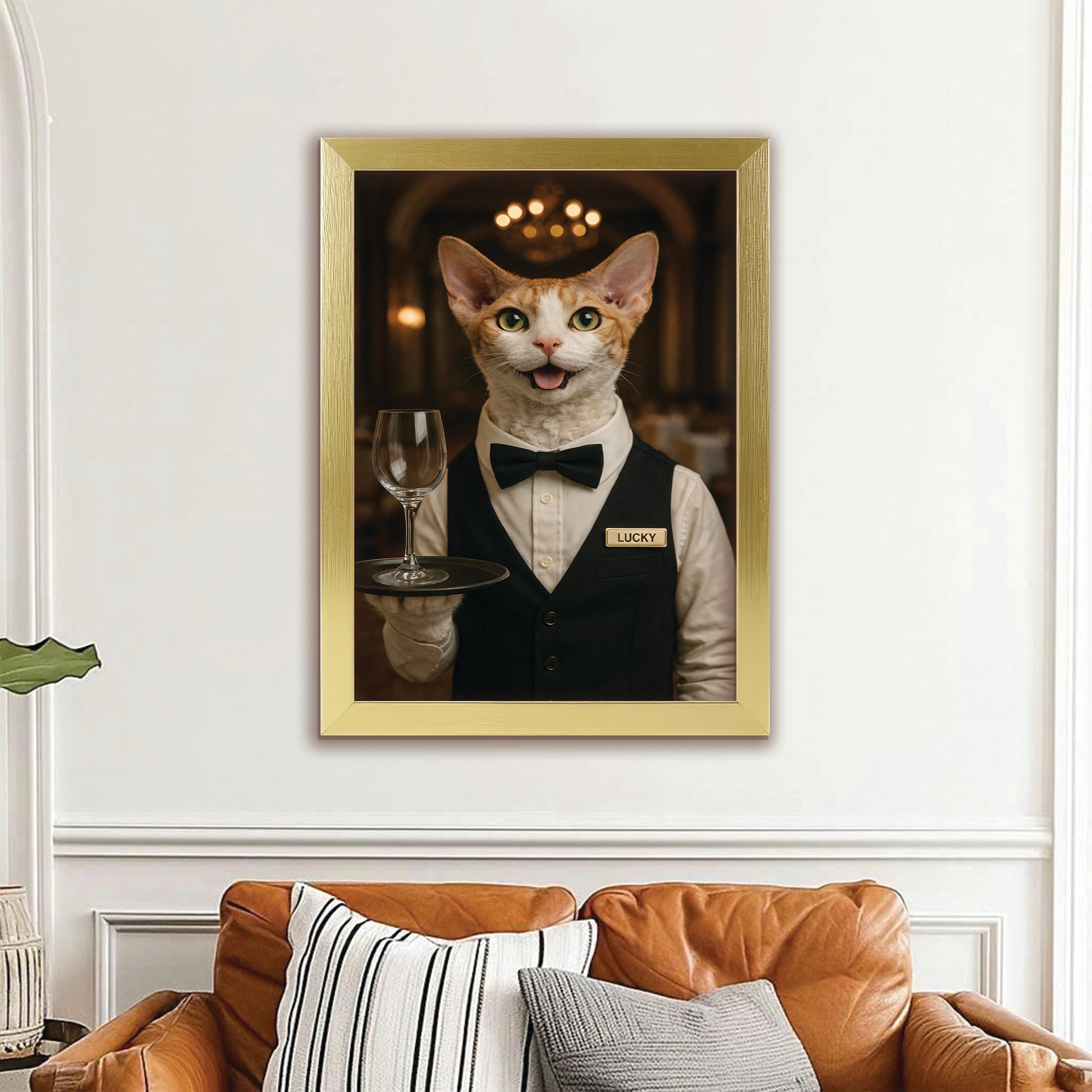 Custom Photo Cat Waiter Restaurant Canvas Framed Wall Art  Gift For Cat Lovers