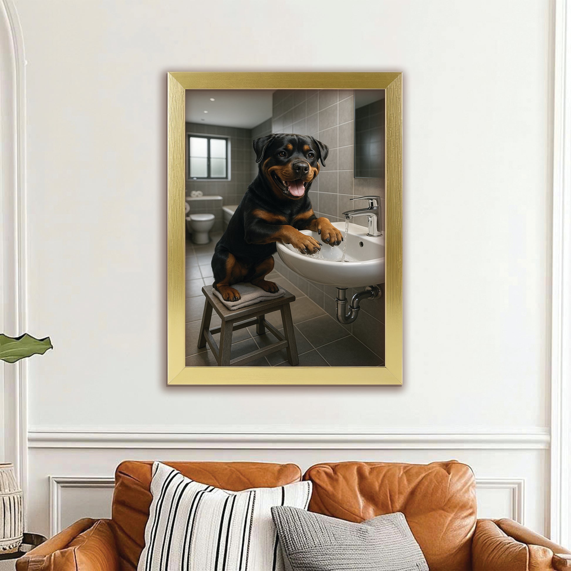 Custom Photo Dog In Bathroom Style 1 Canvas Framed Wall Art Gift For Dog Lovers