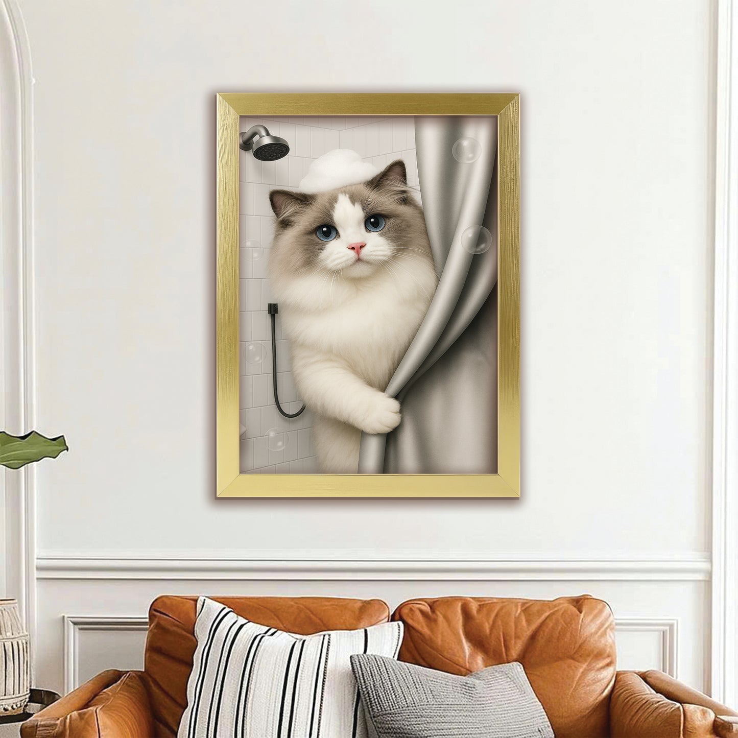 Custom Cat Photo Cat  In Bathroom Canvas Framed Wall Art Gift For Cat Lovers