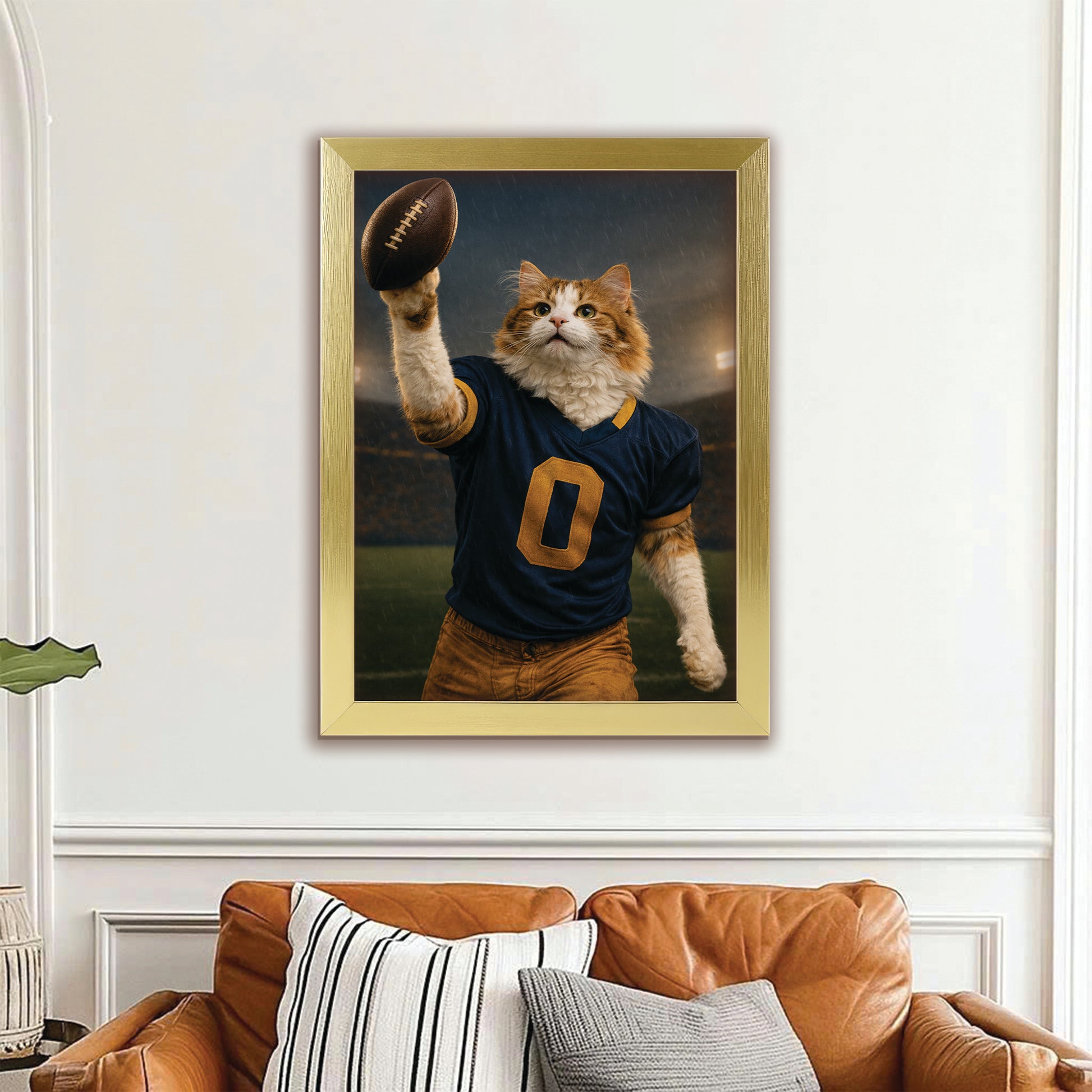 Custom Photo Football Player Canvas Framed Wall Art  Gift For Cat Lovers