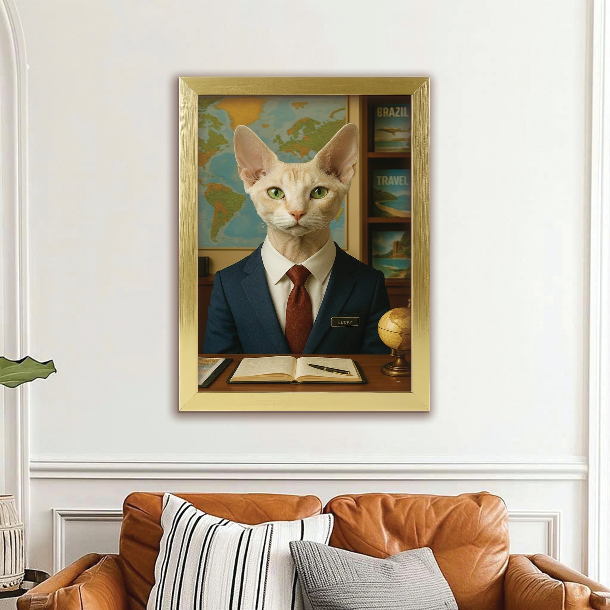 Custom Photo Travel Agent Cat Canvas Framed Wall Art Gift For Cat Lovers