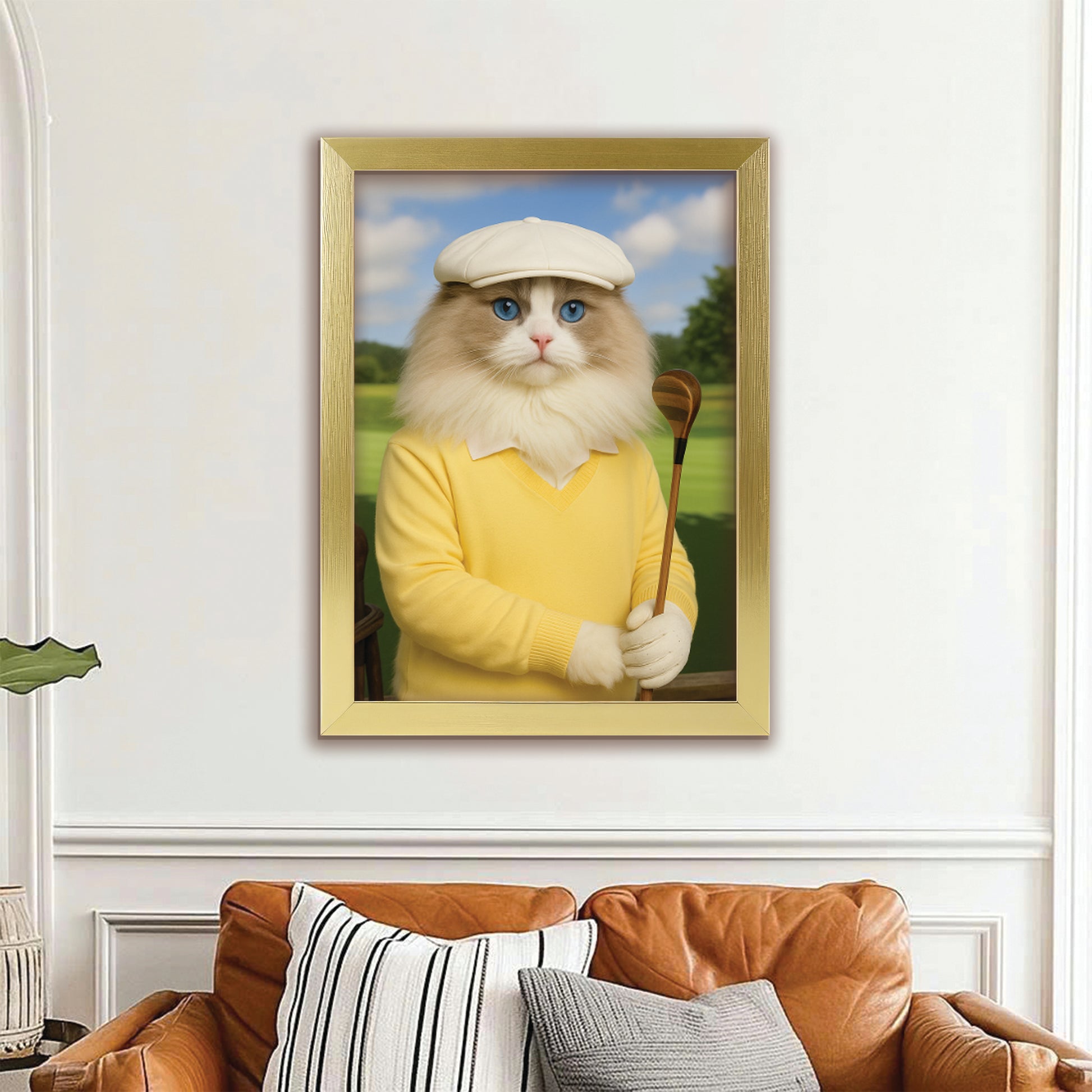 Custom Photo Golfer Cat Canvas Framed Wall Art Gift For Cat Lovers