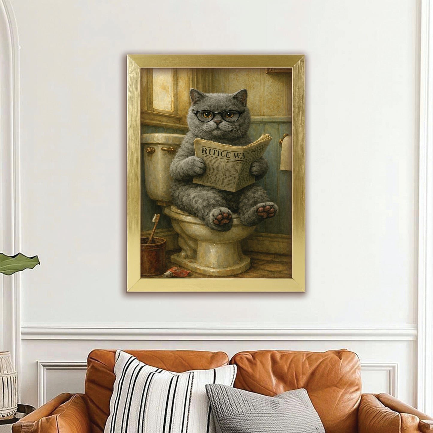 Custom Photo Cat In Bathroom Canvas Framed Wall Art Gift For Cat Lovers