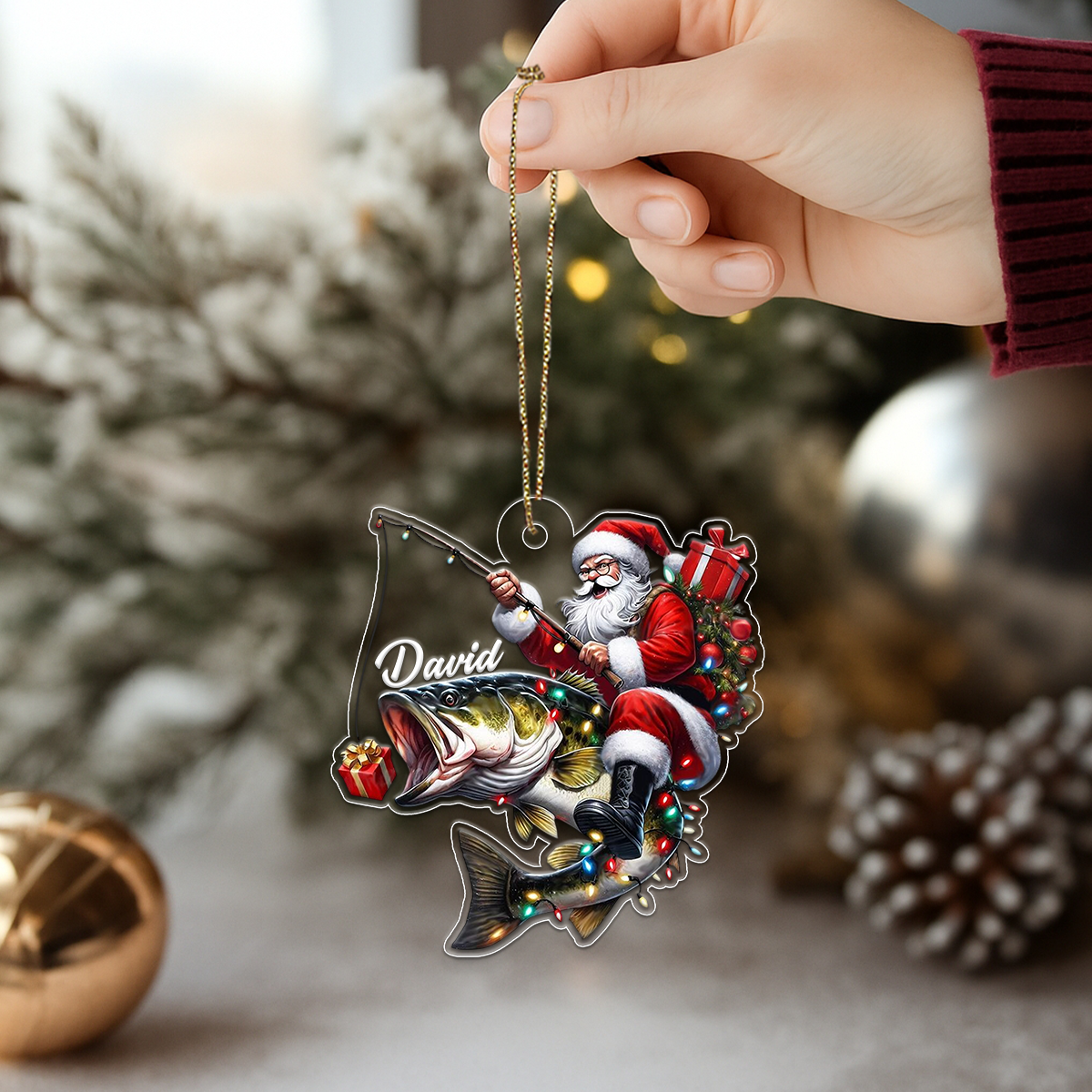 Custom Name Santa Fishing Acrylic Ornament Christmas Gift