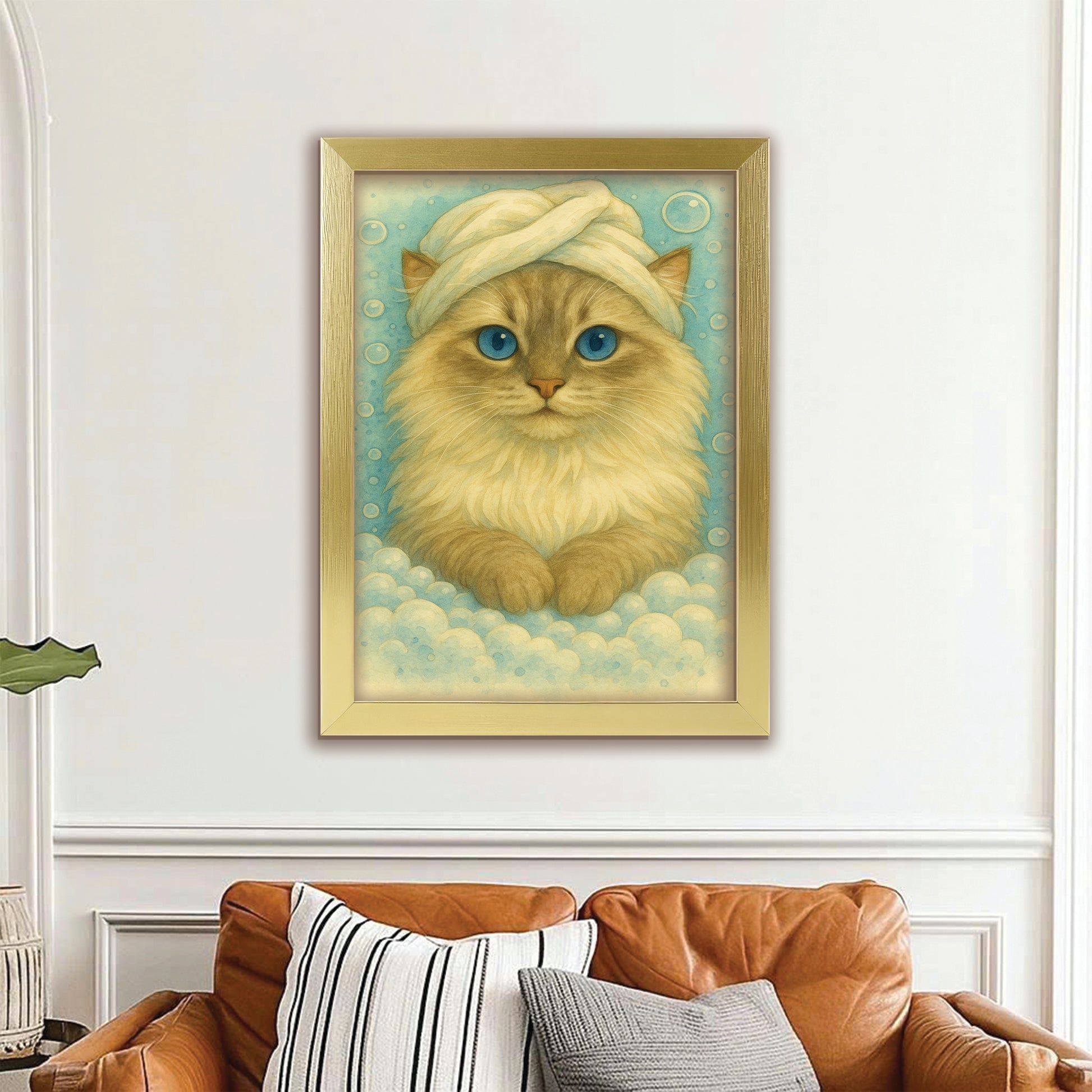 Custom Cat Potrait In Bathroom Canvas Framed Wall Art