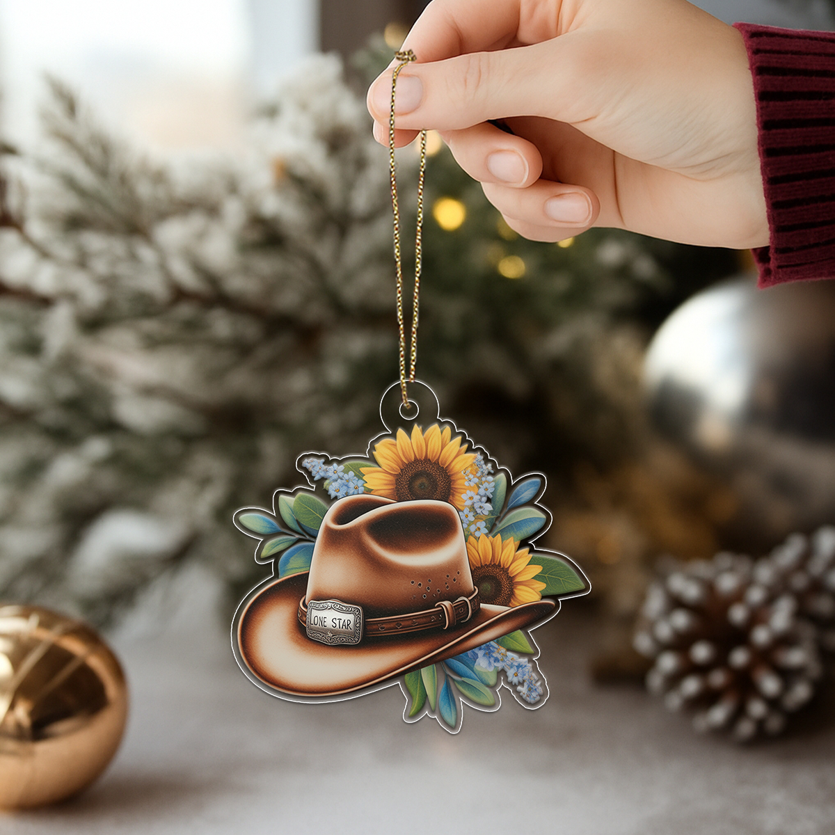 Custom Name Rustic Sunflower Cowboy Hat Acrylic Ornament Christmas Gift