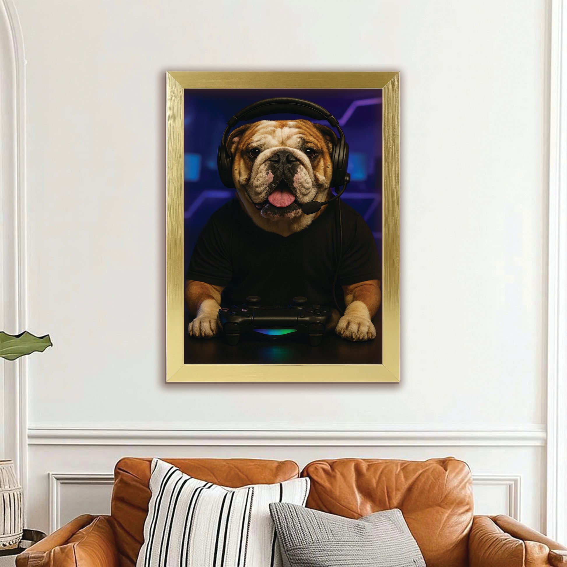 Custom Photo Gamer Dog Canvas Framed Wall Art Gift For Dog Lovers