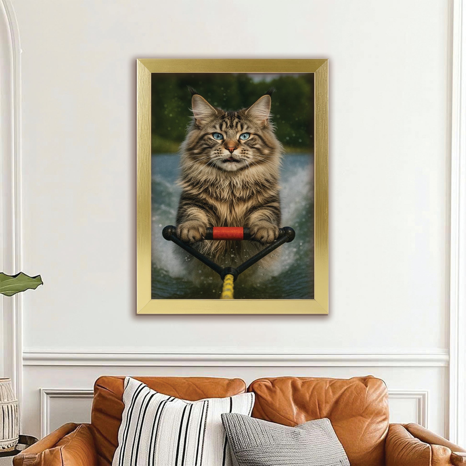 Custom Photo Water Ski Cat Canvas Framed Wall Art Gift For Cat Lovers