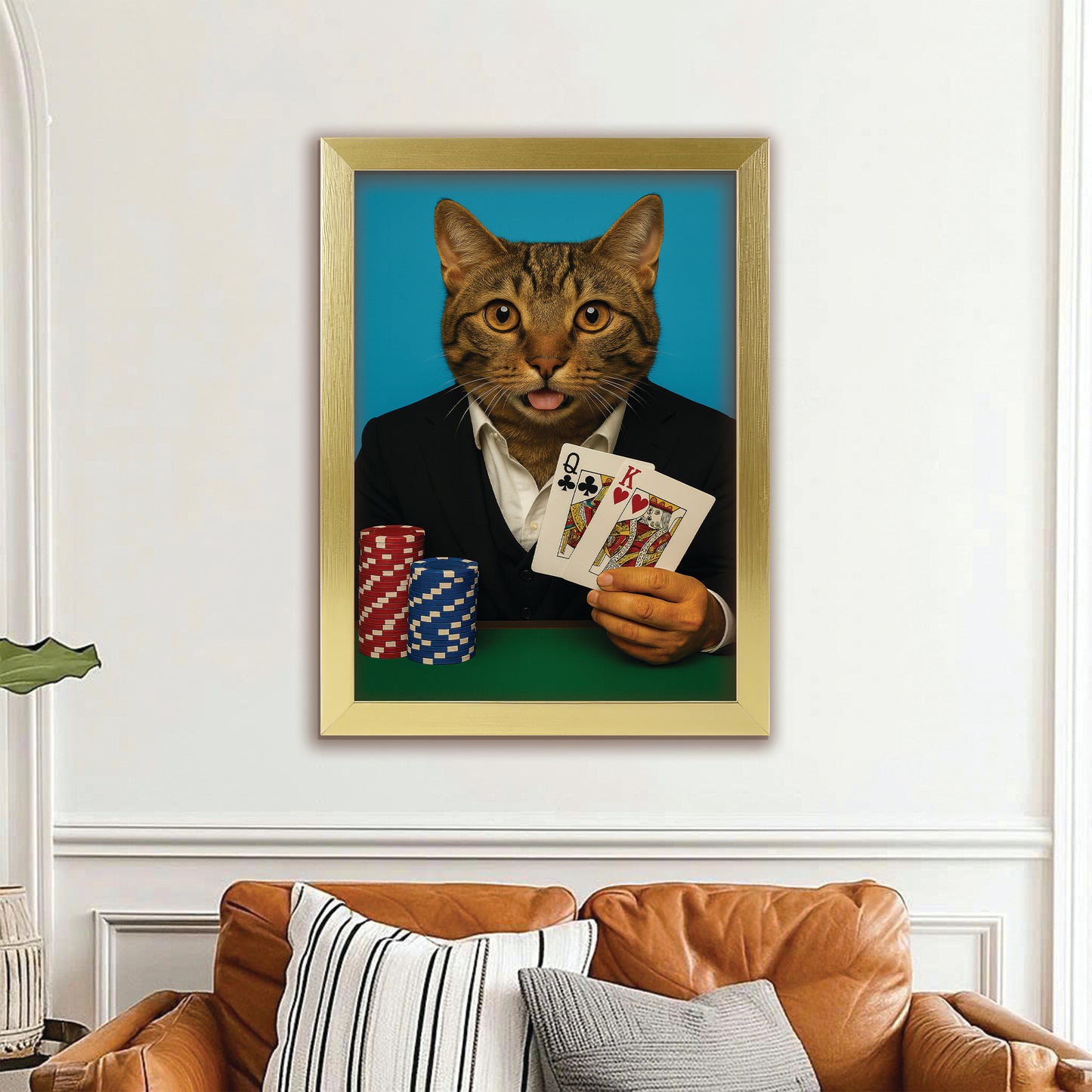 Custom Photo Poker Player Cat Canvas Framed Wall Art Gift For Cat Lovers