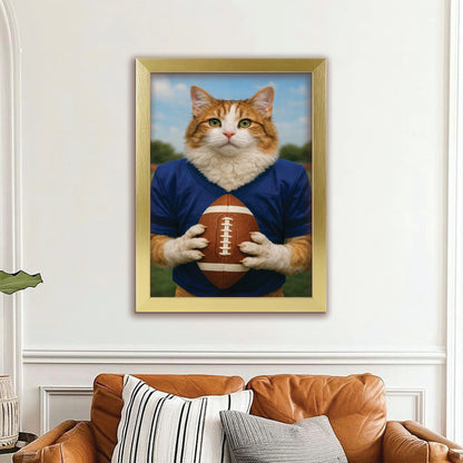 Custom Photo Football Player Cat Canvas Framed Wall Art  Gift For Cat Lovers