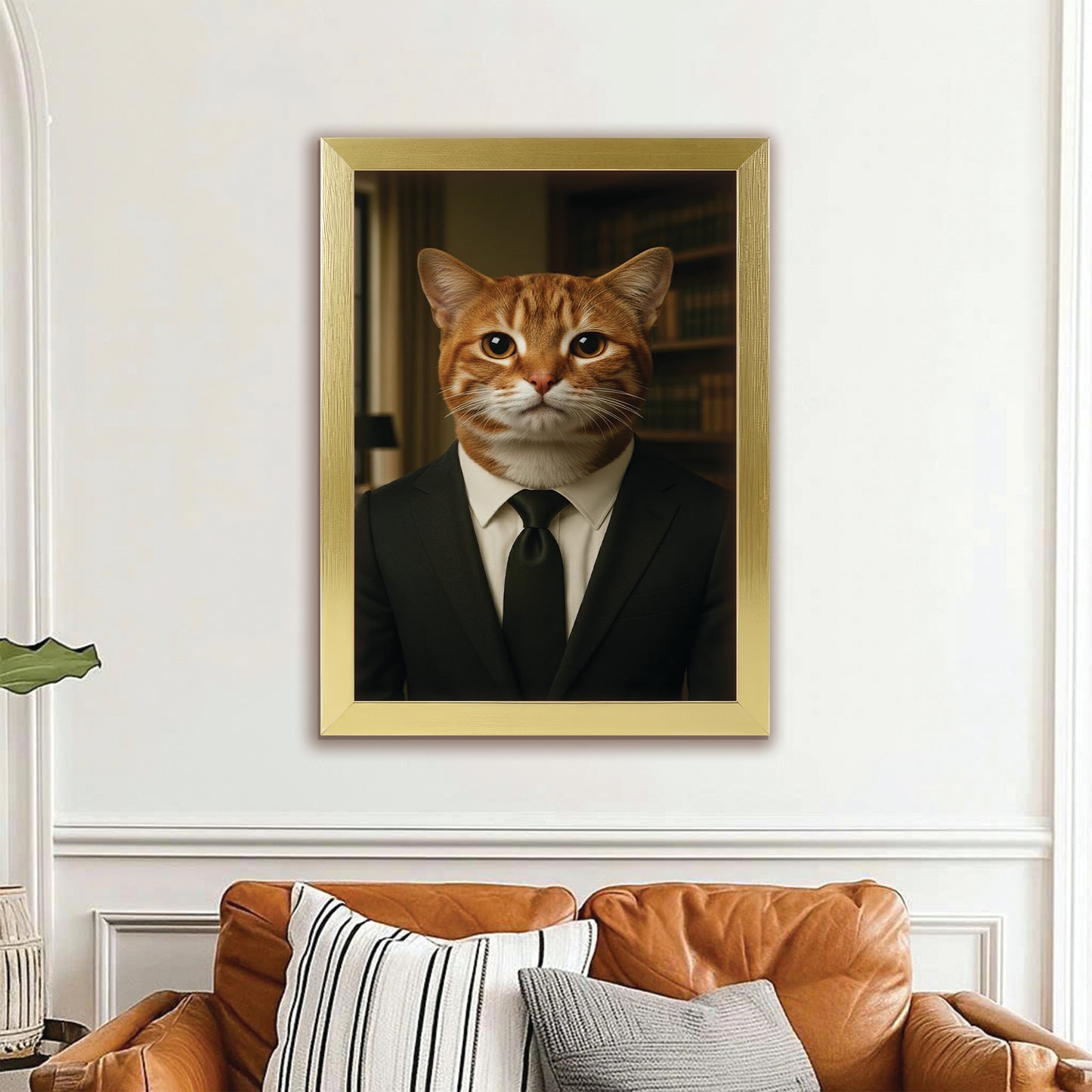 Custom Photo Business man Ceo Cat Canvas Framed Wall Art Gift For Cat Lovers