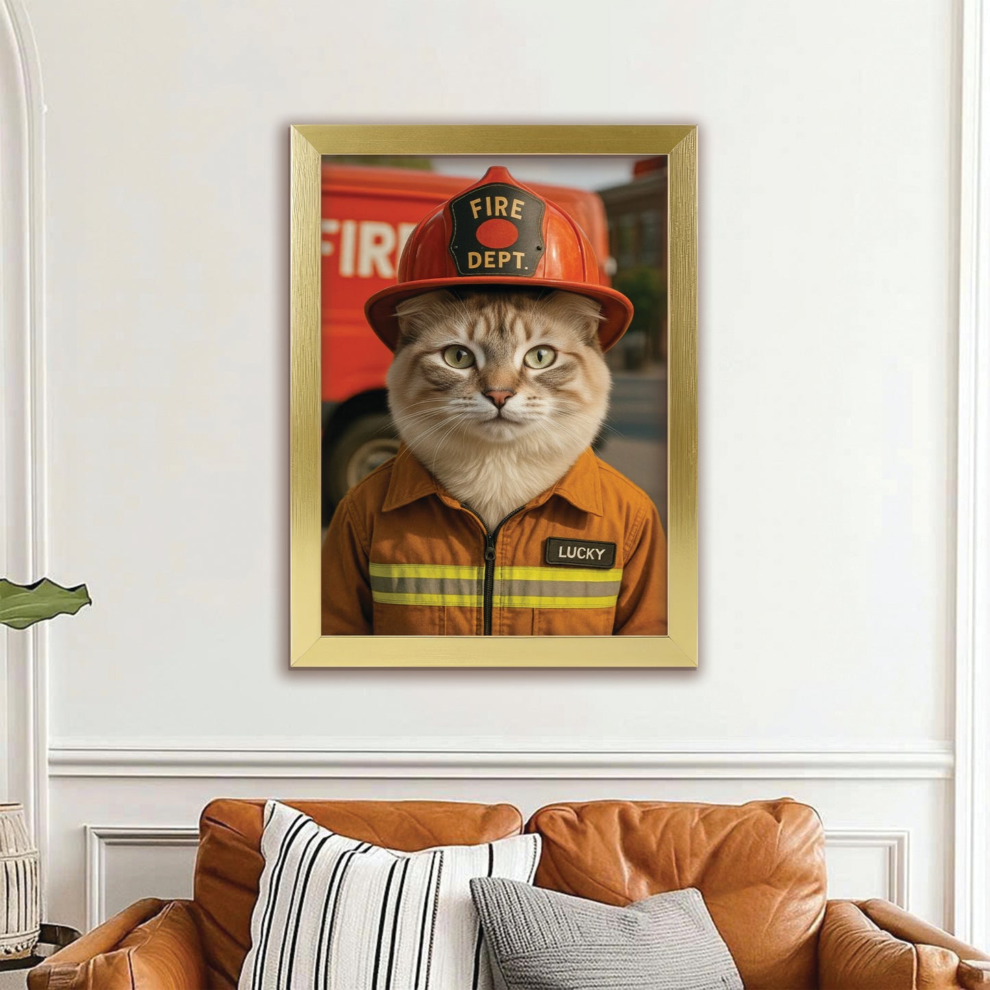 Custom Photo Fire Fighter Cat Canvas Framed Wall Art  Gift For Cat Lovers