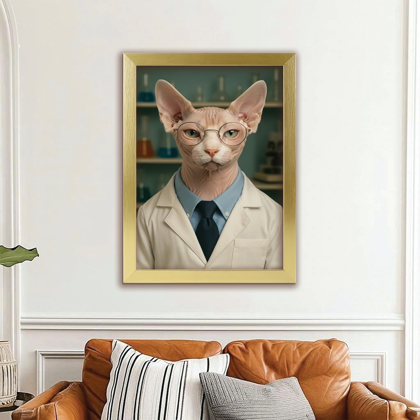 Custom Photo Scientist Cat Canvas Framed Wall Art Gift For Cat Lovers