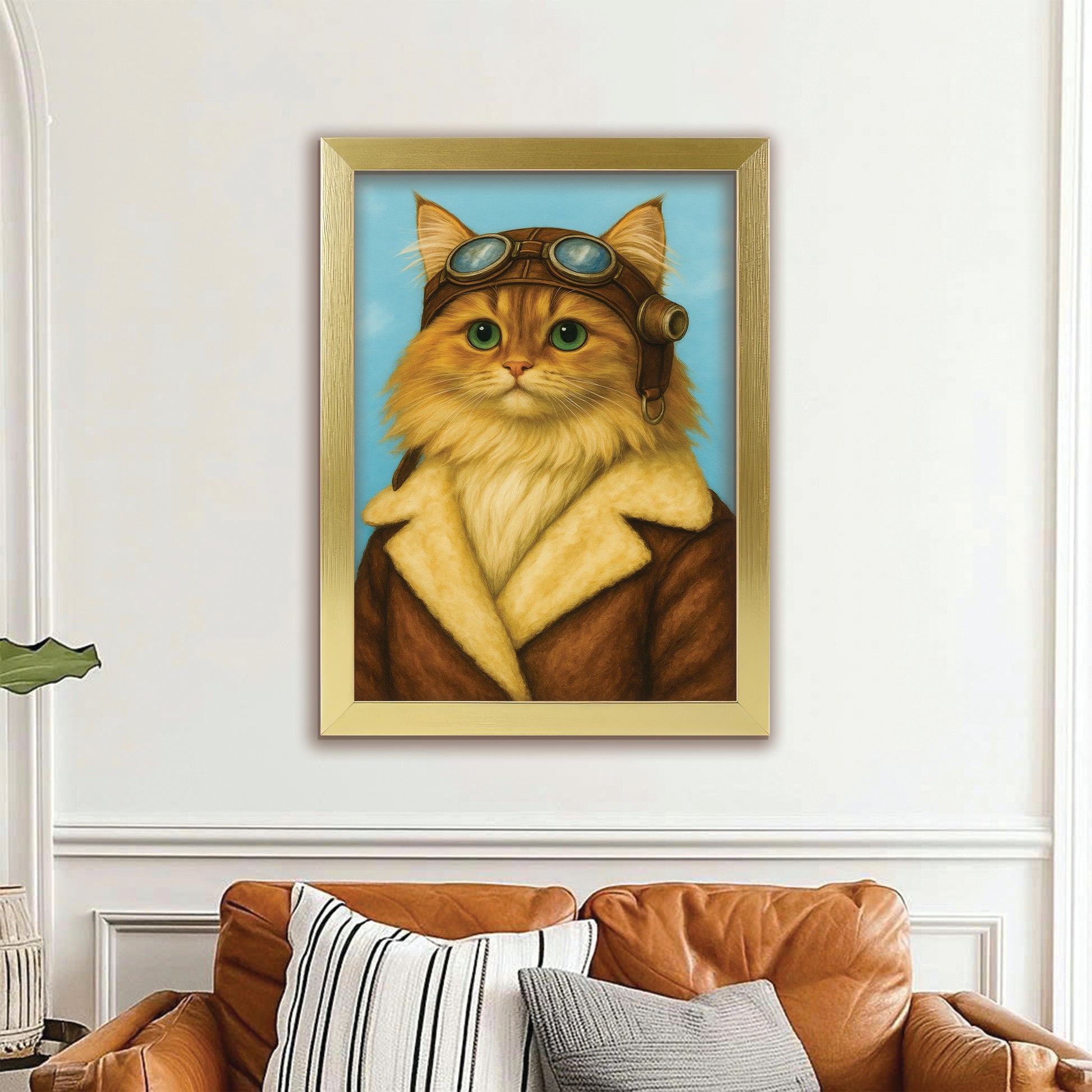 Custom Photo Portrait Pilot Canvas Framed Wall Art Gift For Cat Lovers