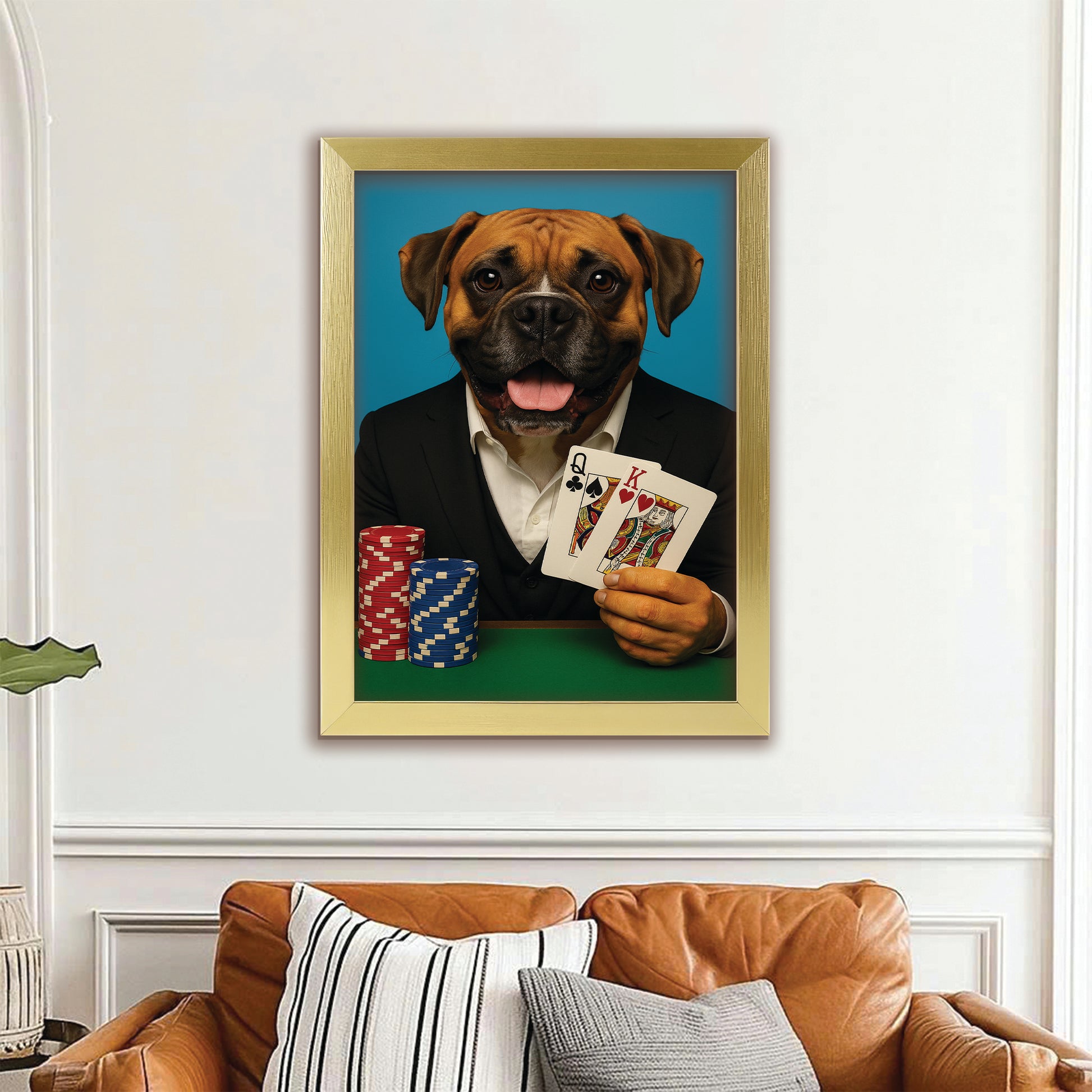 Custom Photo Poker Player Dog Canvas Framed Wall Art Gift For Dog Lovers