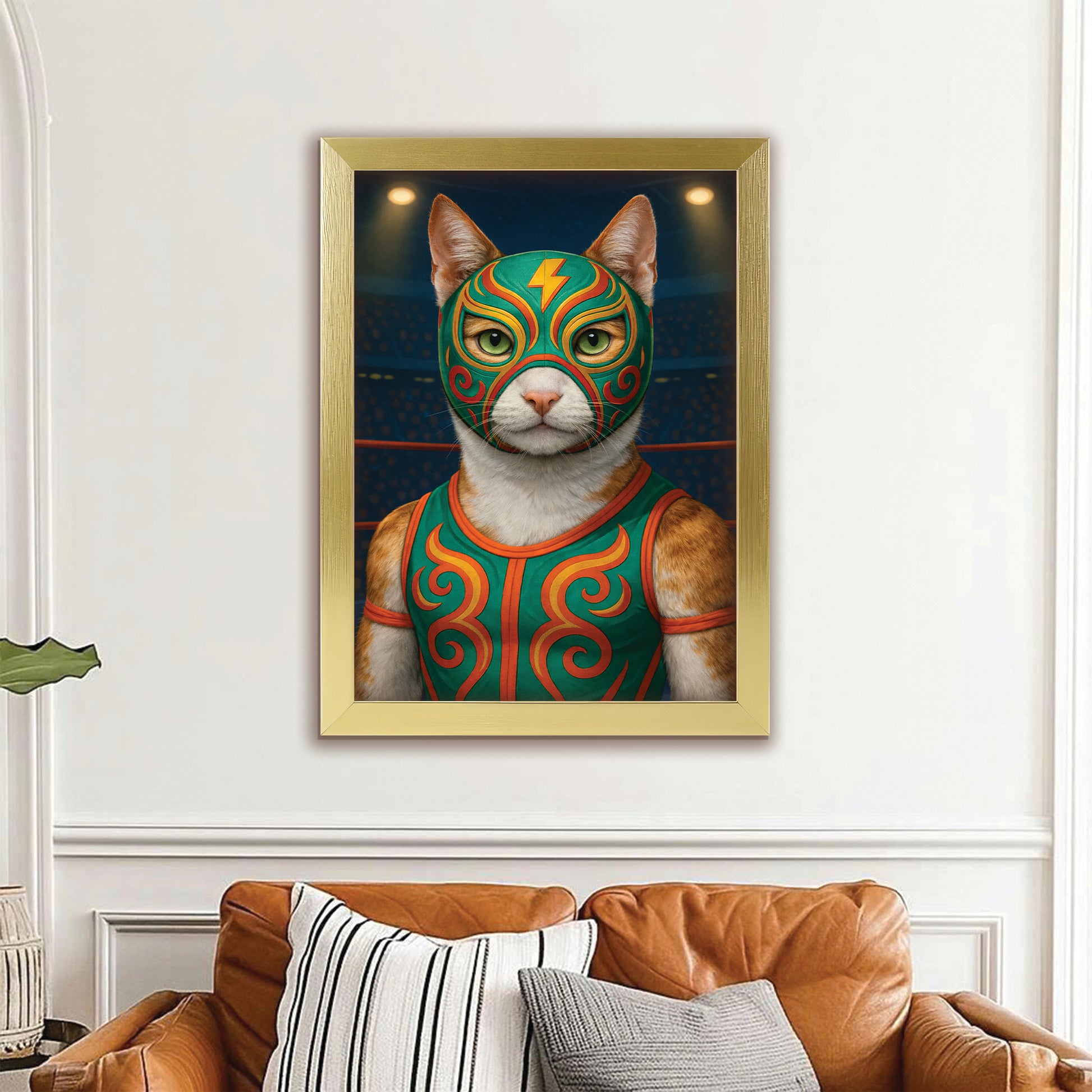 Custom Photo Lucha Libre Wrestler Mask Cat Canvas Framed Wall Art Gift For Cat Lovers