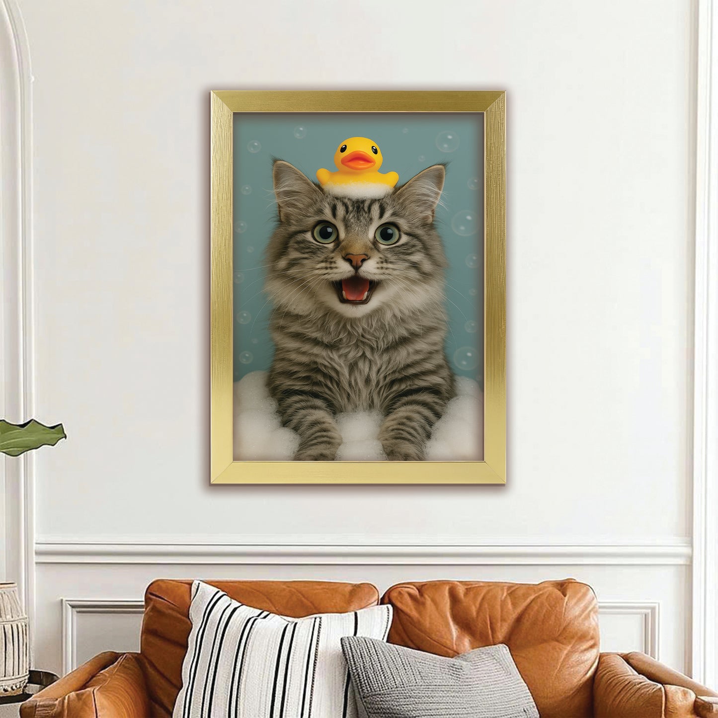 Custom Photo Cat In Bathtub With Duck Toy Canvas Framed Wall Art