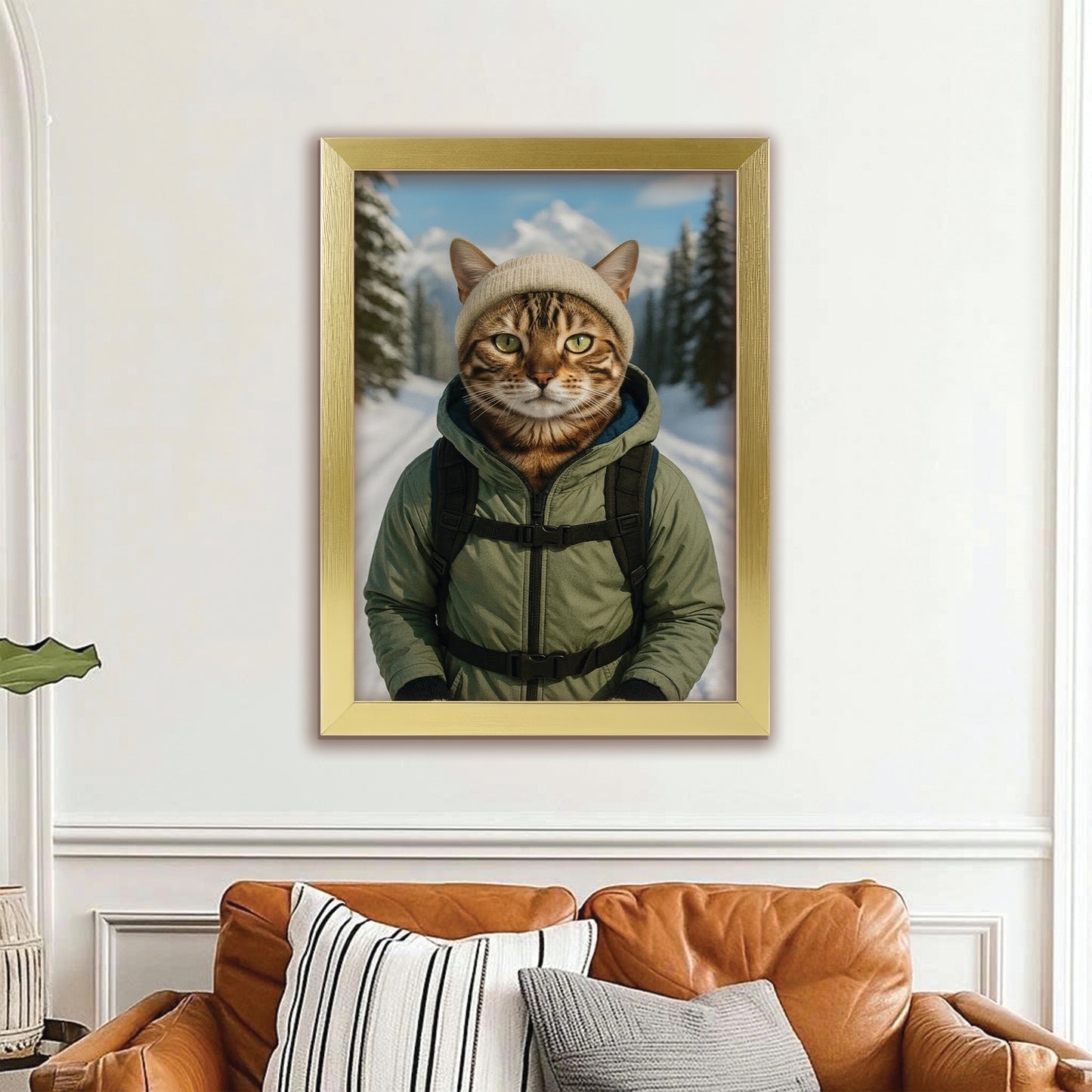 Custom Photo Winter Hiker Cat Canvas Framed Wall Art Gift For Cat Lovers